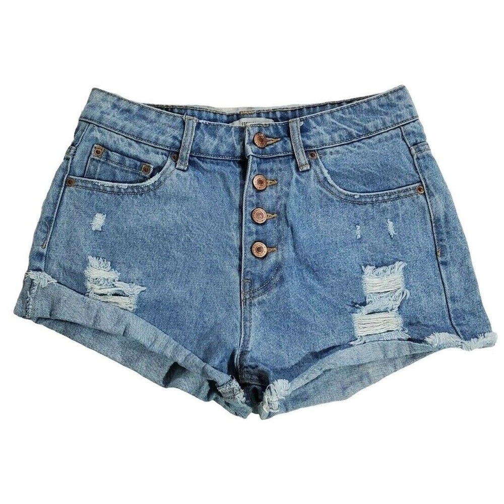 Forever 21 Shorts Size 25 Women's Light Wash Mid Rise Raw Hem Button Fly Denim